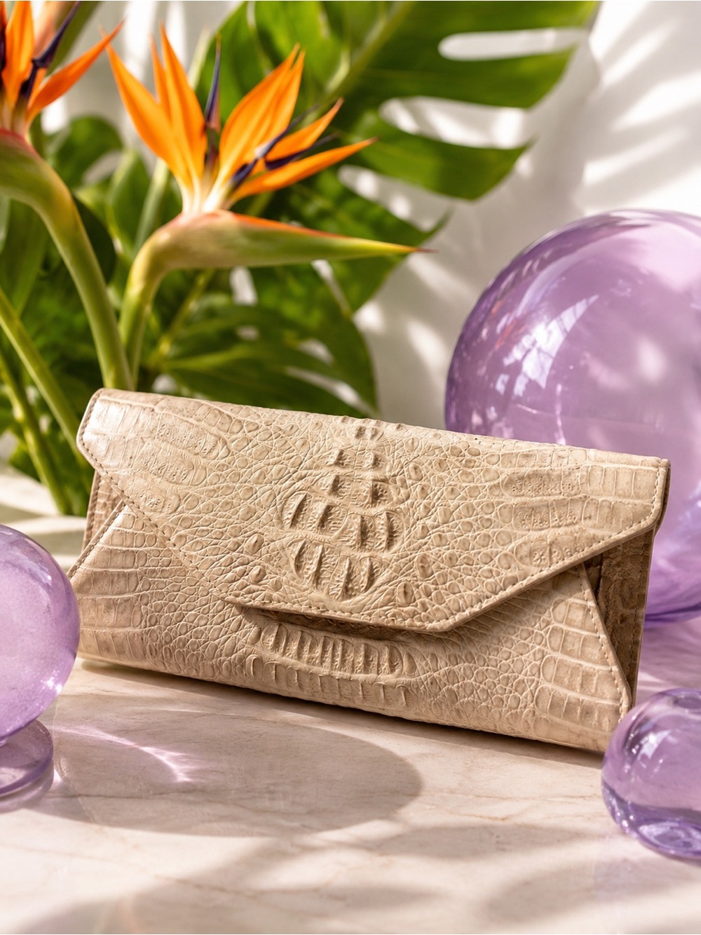 Vintage Genuine Crocodile Leather Envelope Clutch | Natural Bone Beige